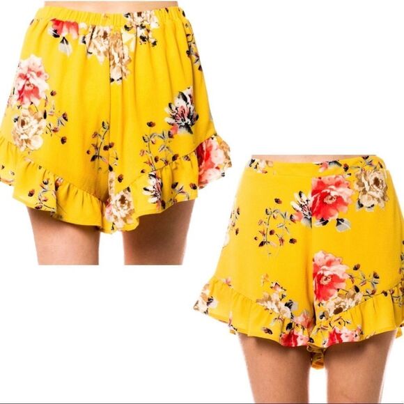 Love tree yellow floral shorts ruffle frill hem shorts Sz M - Picture 1 of 10